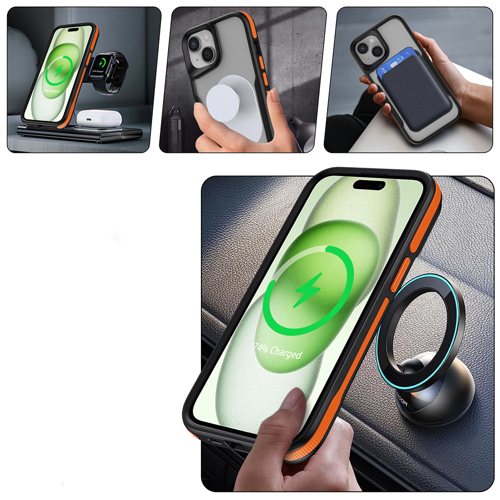 Apple iPhone 15 Plus Kılıf Magsafe Şarj Özellikli Renkli Kenar Airbag Şeritli Zore Lamer Kapak Turuncu