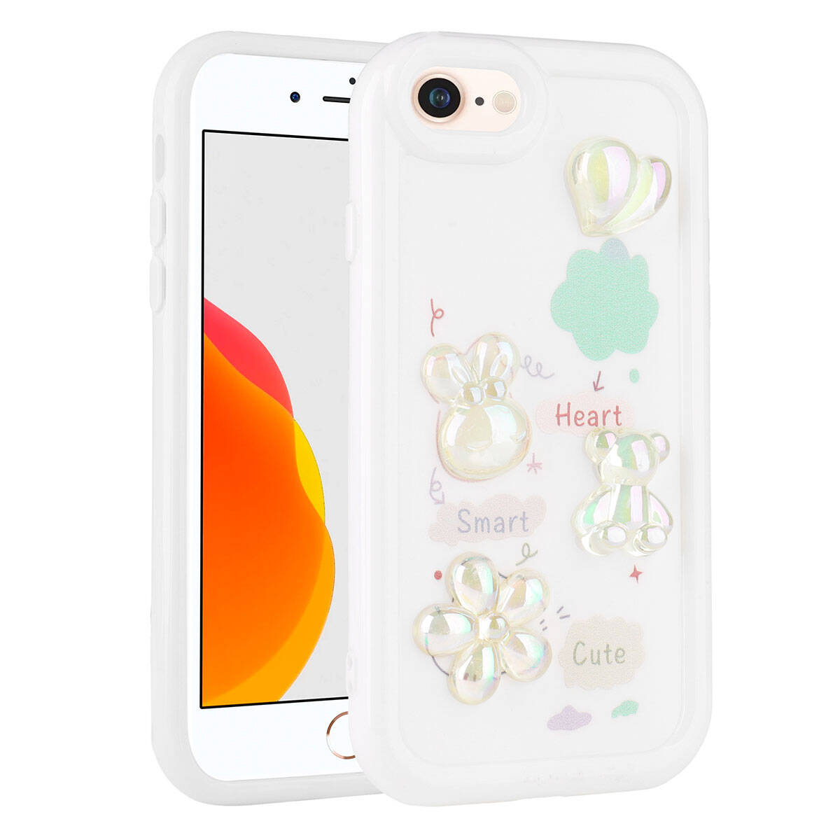 Apple iPhone SE 2020 Kılıf Kabartma Figürlü Parlak Zore Toys Silikon Kapak Beyaz