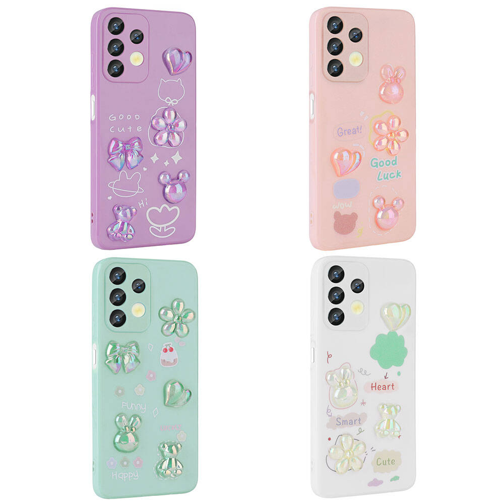 Galaxy A13 4G Kılıf Kabartma Figürlü Parlak Zore Toys Silikon Kapak Mor