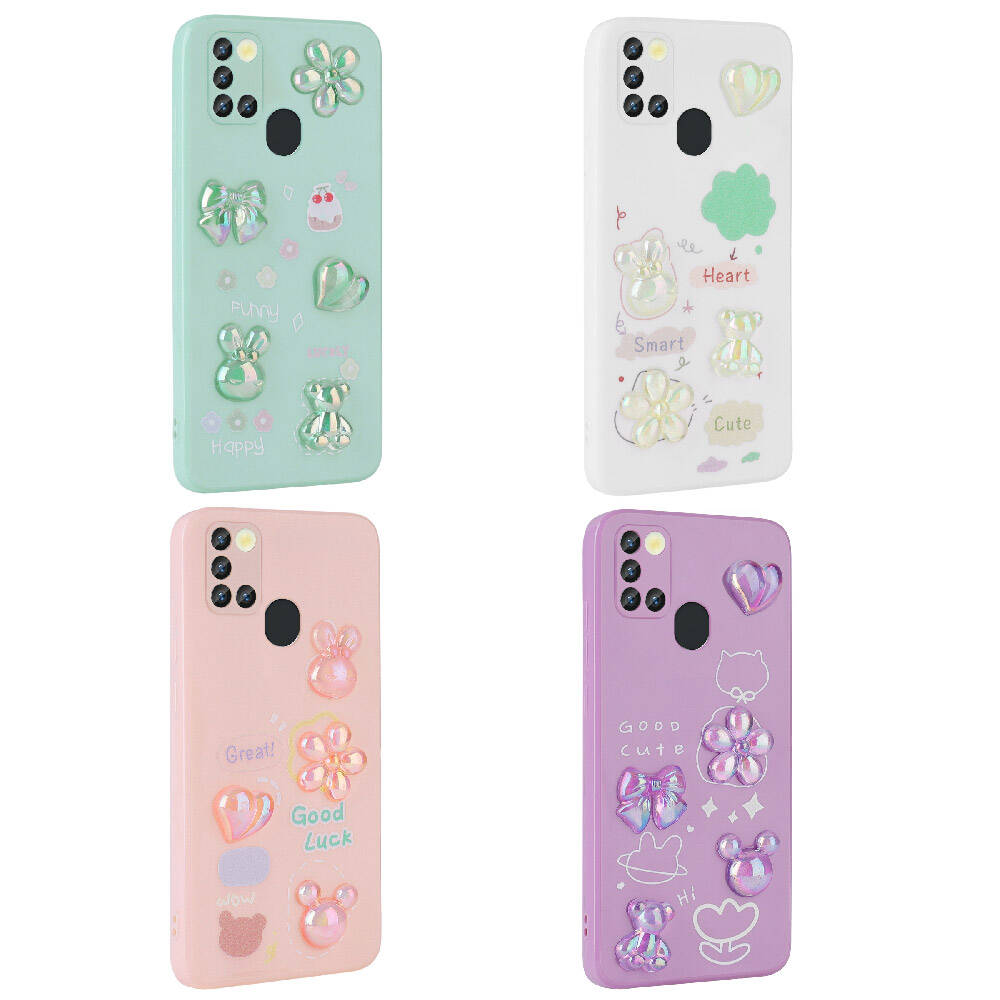 Galaxy A21S Kılıf Kabartma Figürlü Parlak Zore Toys Silikon Kapak Pembe