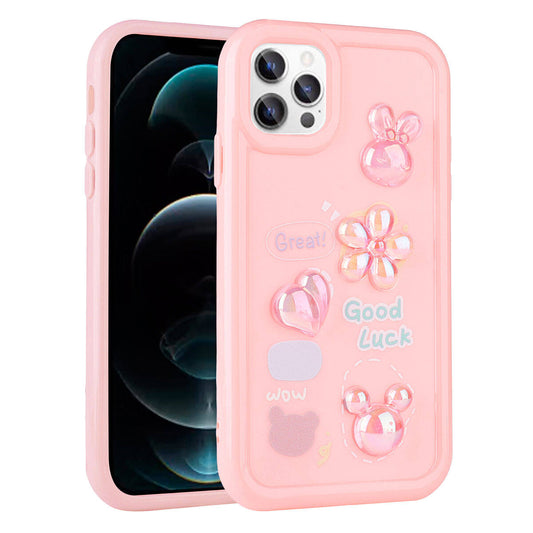 Apple iPhone 12 Pro Max Kılıf Kabartma Figürlü Parlak Zore Toys Silikon Kapak Pembe