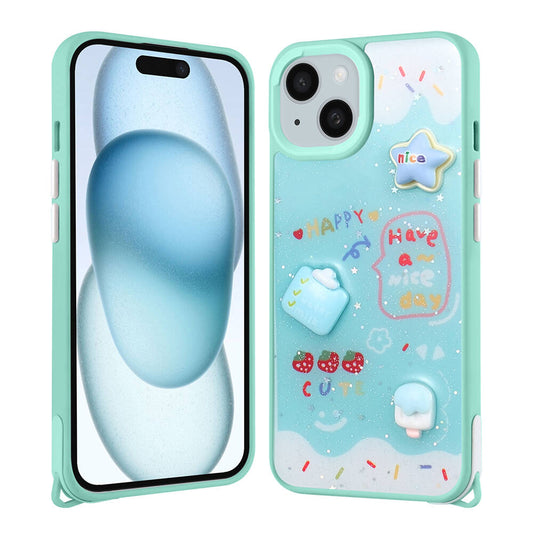 Apple iPhone 15 Plus Kılıf Parlayan Simli Kabartma Figürlü Zore Cevze Kapak Yeşil