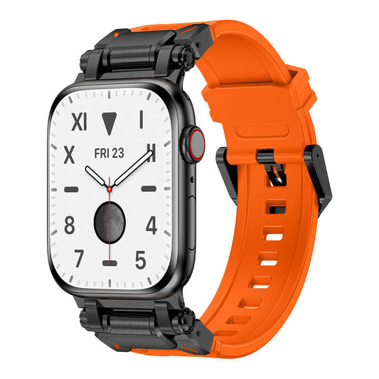 Apple Watch 42mm Zore KRD-101 Titanyum Metal Başlıklı Silikon Kordon Siyah-Turuncu