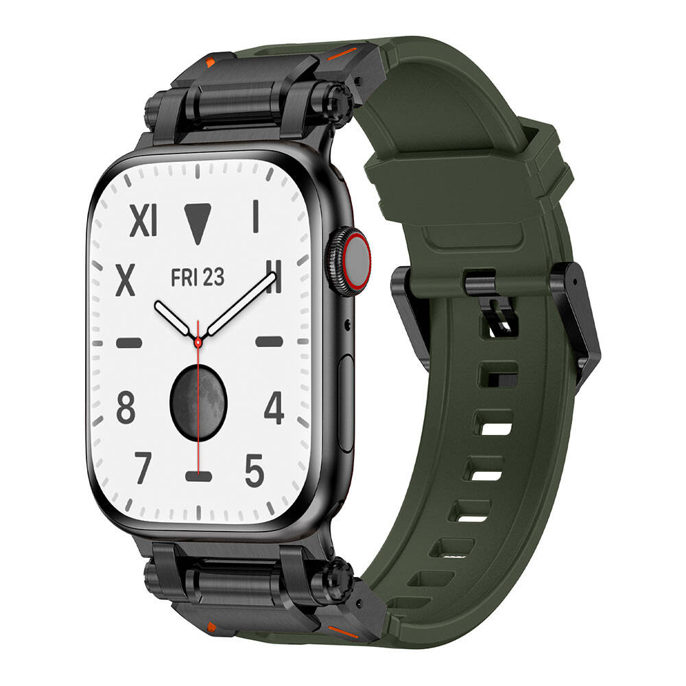 Apple Watch 42mm Zore KRD-101 Titanyum Metal Başlıklı Silikon Kordon Siyah-Turuncu