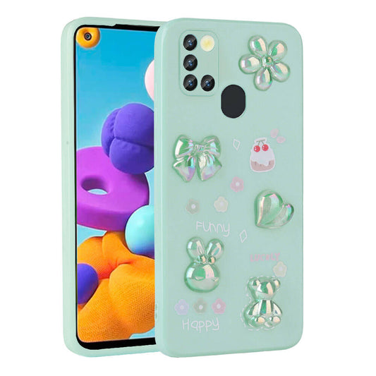 Galaxy A21S Kılıf Kabartma Figürlü Parlak Zore Toys Silikon Kapak Açık Yeşil