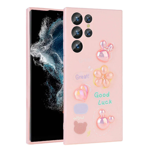 Galaxy S22 Ultra Kılıf Kabartma Figürlü Parlak Zore Toys Silikon Kapak Pembe