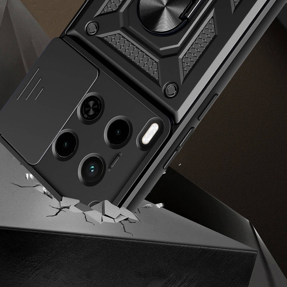 Tecno Camon 30 Kılıf Magnetik Standlı Kamera Korumalı Zore Sürgülü Vega Kapak Siyah
