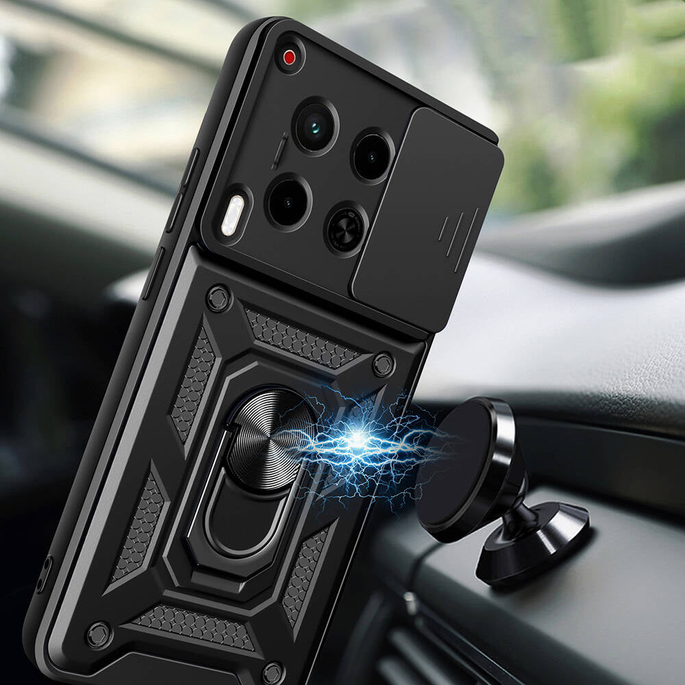 Tecno Camon 30 Kılıf Magnetik Standlı Kamera Korumalı Zore Sürgülü Vega Kapak Siyah