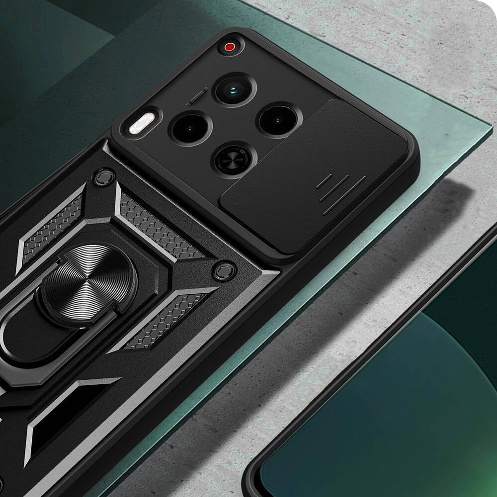 Tecno Camon 30 Kılıf Magnetik Standlı Kamera Korumalı Zore Sürgülü Vega Kapak Siyah