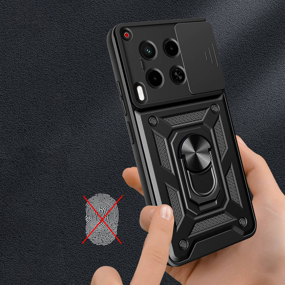 Tecno Camon 30 Kılıf Magnetik Standlı Kamera Korumalı Zore Sürgülü Vega Kapak Siyah