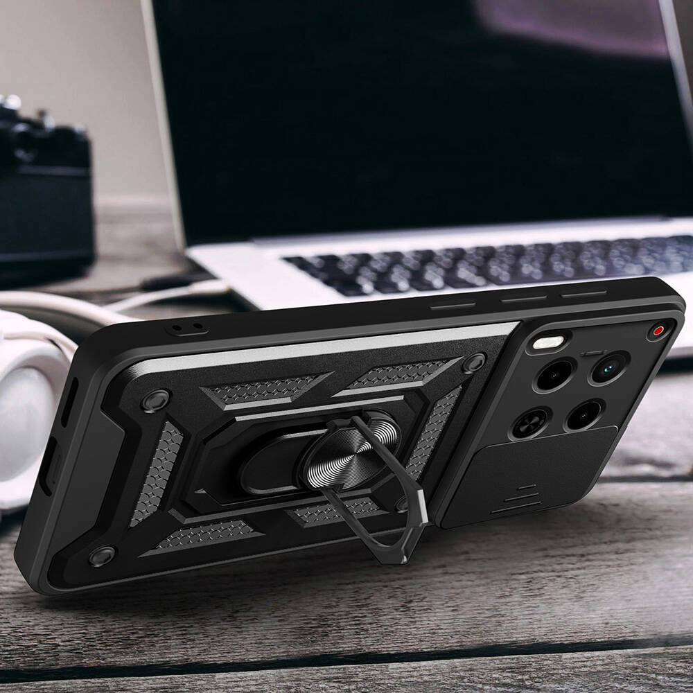 Tecno Camon 30 Kılıf Magnetik Standlı Kamera Korumalı Zore Sürgülü Vega Kapak Siyah