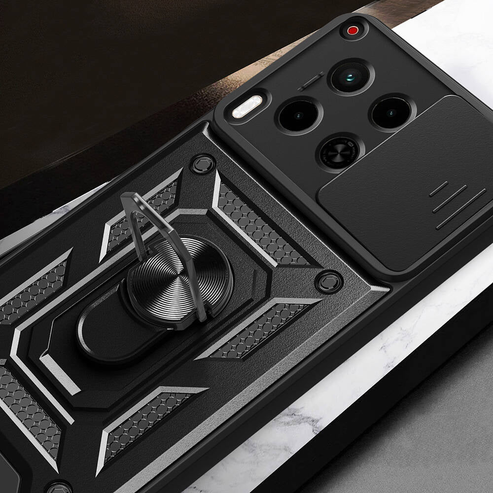 Tecno Camon 30 Kılıf Magnetik Standlı Kamera Korumalı Zore Sürgülü Vega Kapak Siyah
