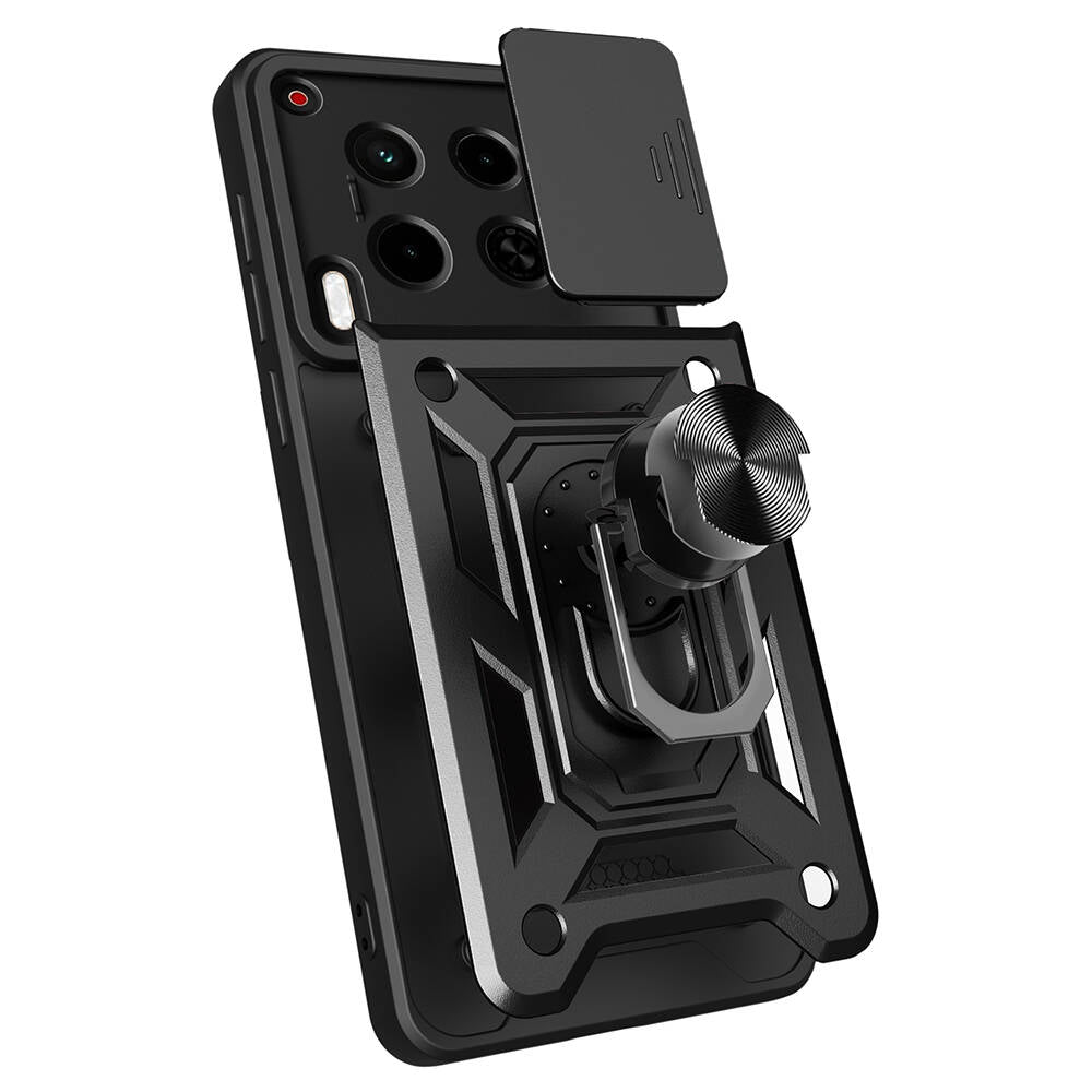 Tecno Camon 30 Kılıf Magnetik Standlı Kamera Korumalı Zore Sürgülü Vega Kapak Siyah