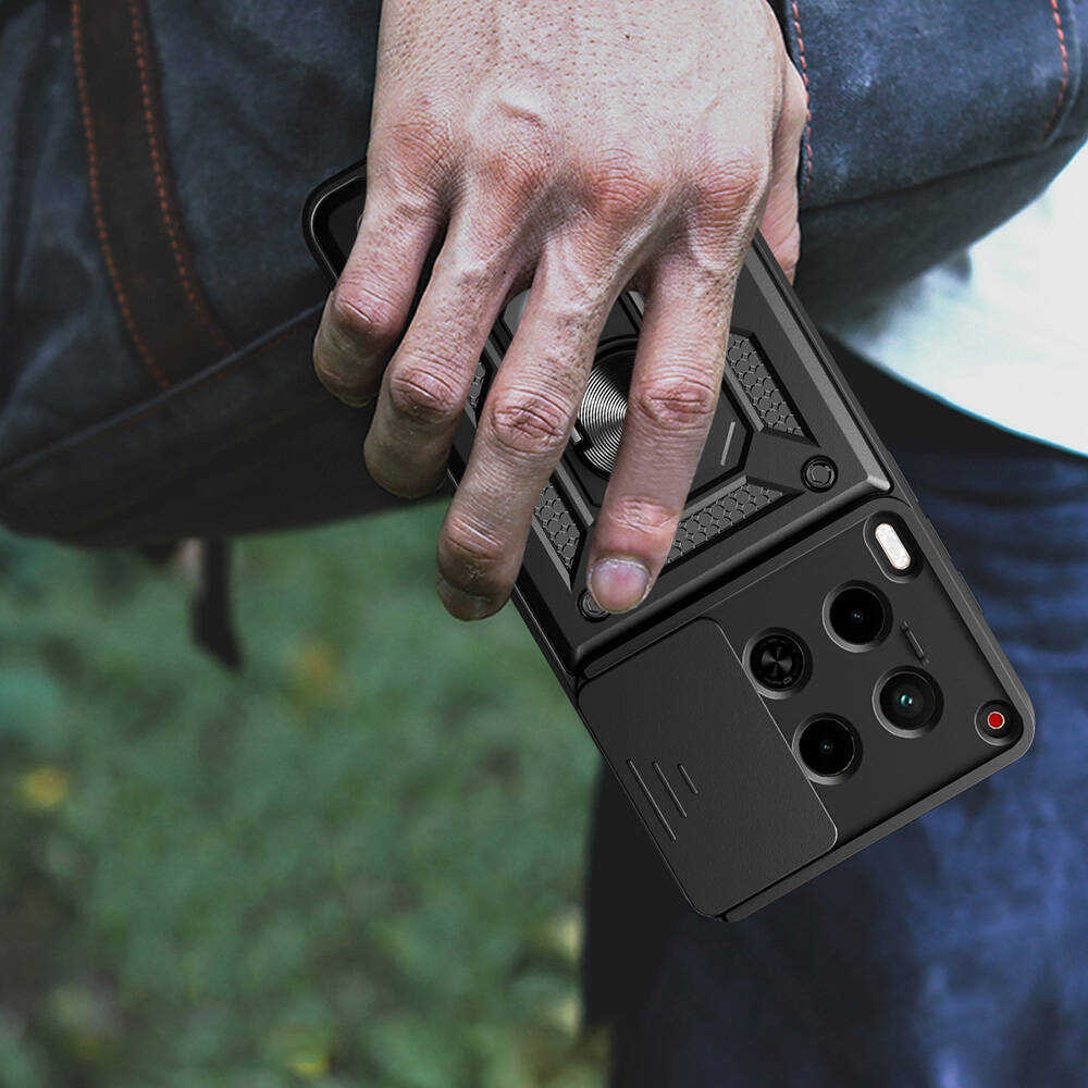 Tecno Camon 30 Kılıf Magnetik Standlı Kamera Korumalı Zore Sürgülü Vega Kapak Siyah