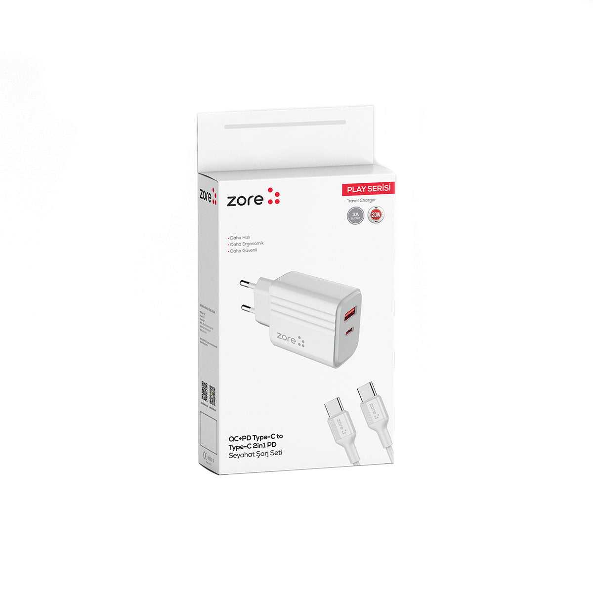 Zore Play Serisi PL07 Type-C to Type-C 2in1 PD Seyahat Şarj Aleti 20W Beyaz