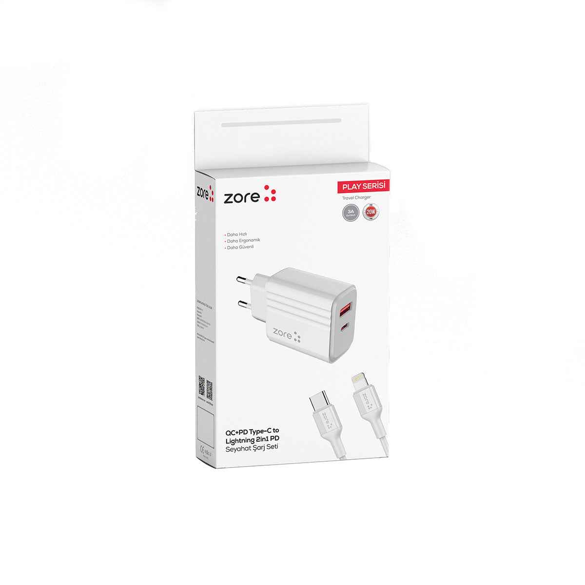 Zore Play Serisi PL08 Type-C to Lightning 2in1 PD Seyahat Şarj Aleti 20W Beyaz