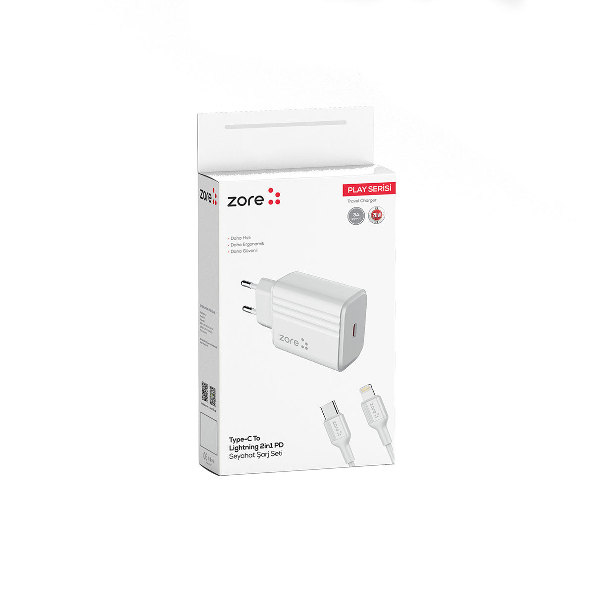 Zore Play Serisi PL2 Type-C to Lightning 2in1 PD Seyahat Şarj Aleti 20W Beyaz